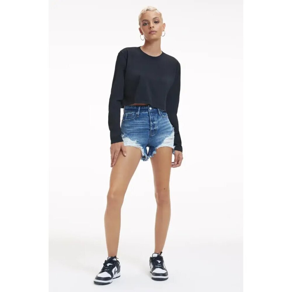 Good American Bombshell High Waist Distressed Denim Jean Shorts Blue Women 2